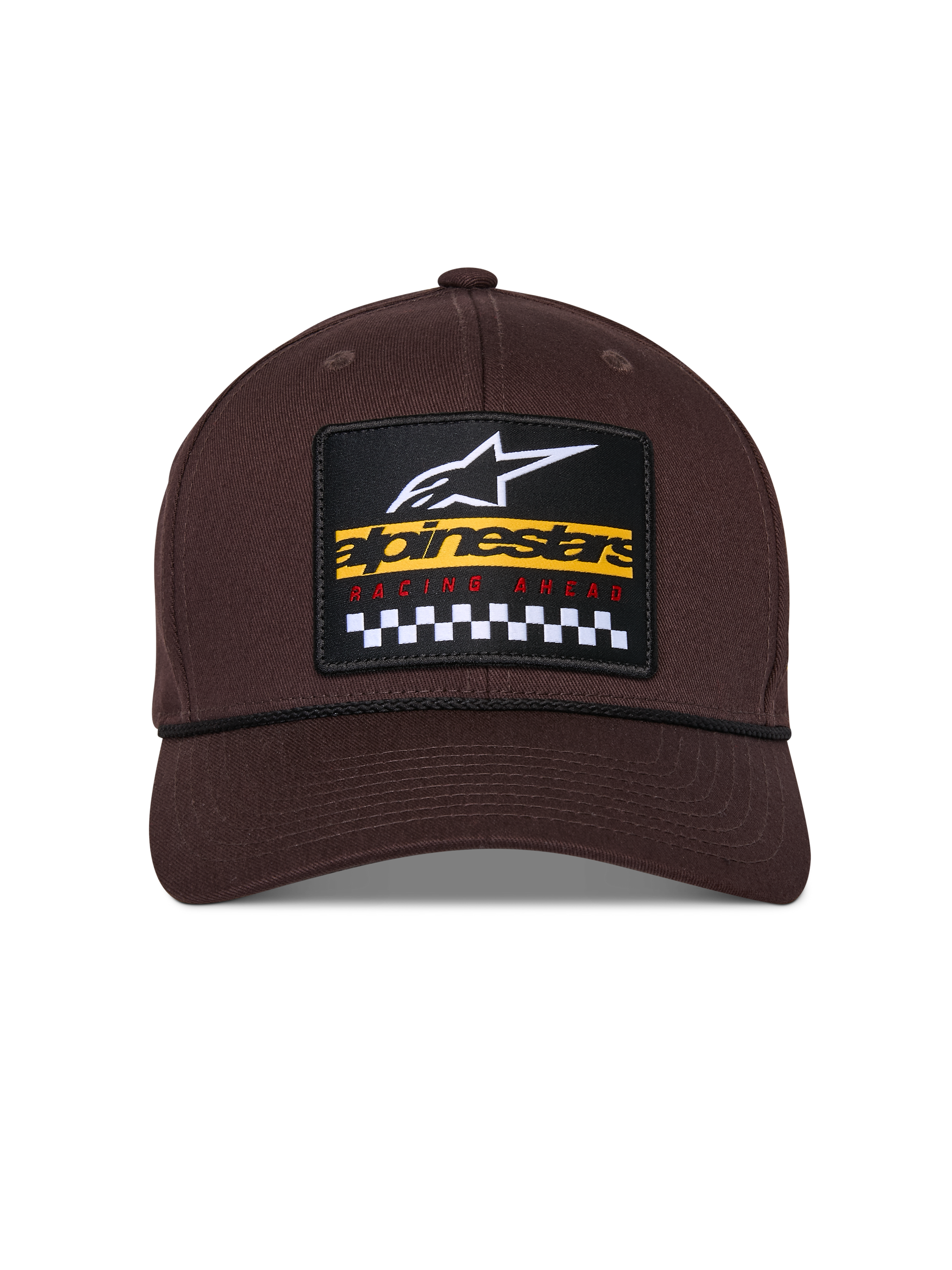 Alpinestars Matrix Snapback Hat, Brown, front view with structured crown and curved bill, multi-color embroidered patch with Alpinestars branding and checkered racing motif, black rope detail, casual motorsport-inspired headwear