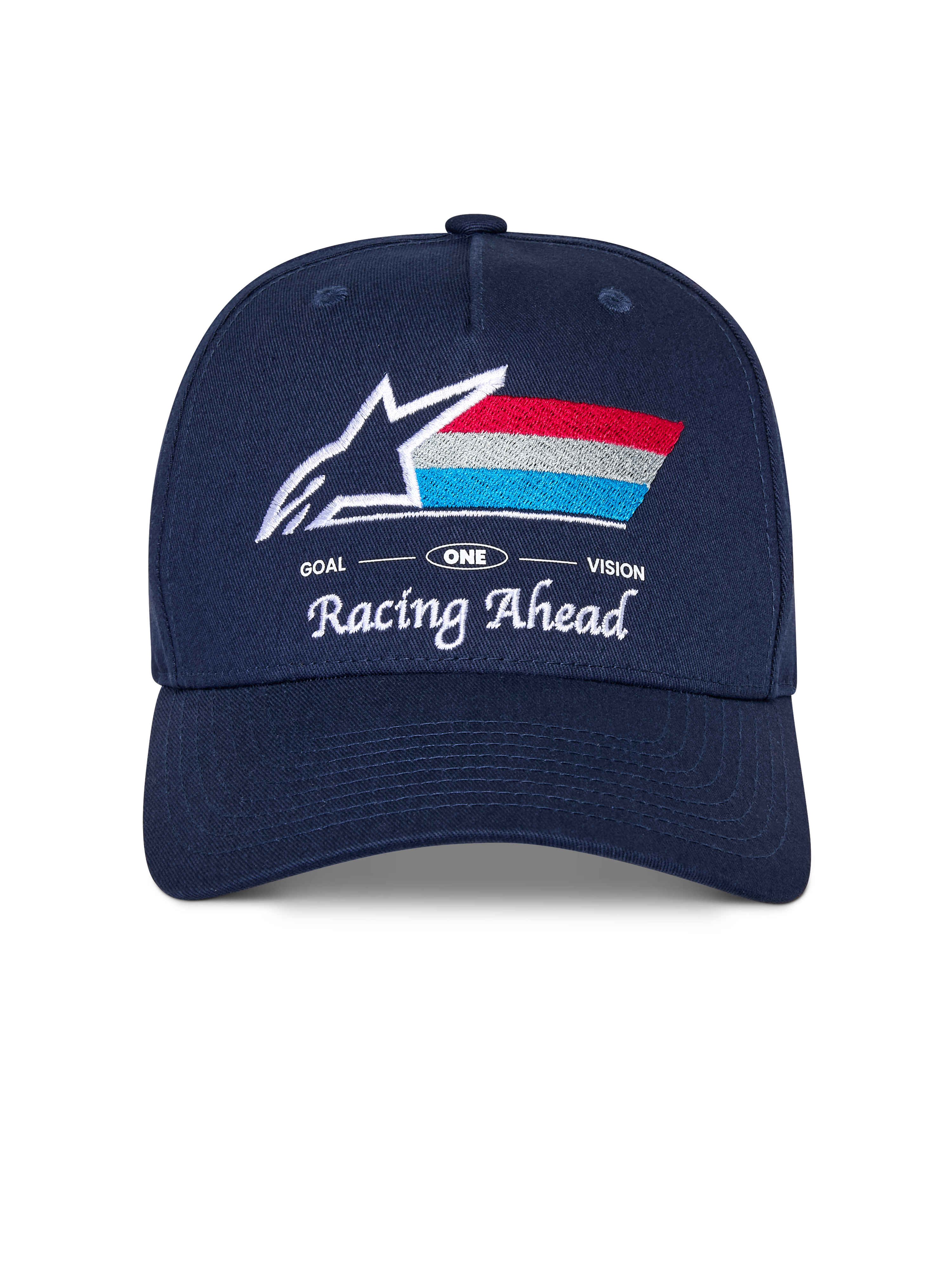 Alpinestars Trifecta Snapback Hat, Navy Blue cap with curved bill, featuring embroidered front logo with white star and tri-color stripes, 'Racing Ahead' and 'Goal One Vision' white text, structured crown, casual motorsport-inspired headwear