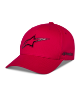 Alpinestars Carbon Fiber Snapback Hat, Red, front Astars logo and side wordmark with carbon fiber look heat transfer print, curved bill and structured crown, casual motorsport streetwear
