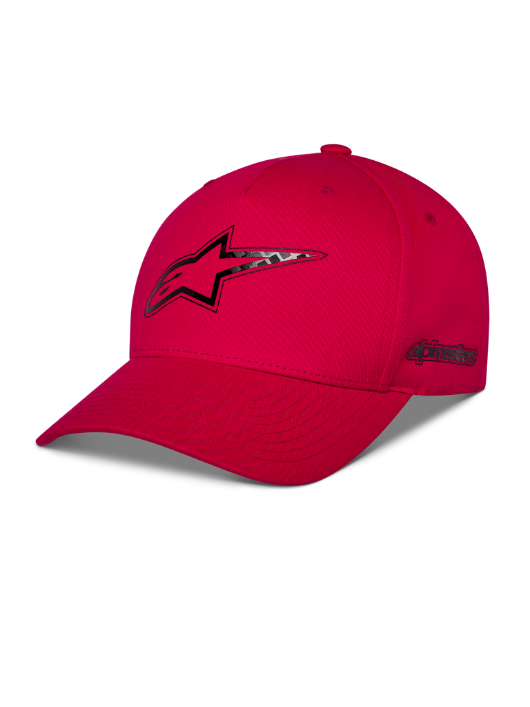 Alpinestars Carbon Fiber Snapback Hat, Red, front Astars logo and side wordmark with carbon fiber look heat transfer print, curved bill and structured crown, casual motorsport streetwear