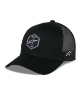 Alpinestars Hexeon Trucker Hat, Black, features a structured crown with a curved bill, front hexagonal woven patch with white Astars logo and 1963 text, breathable poly mesh back panels with side logo embroidery, casual motorsport-inspired headwear