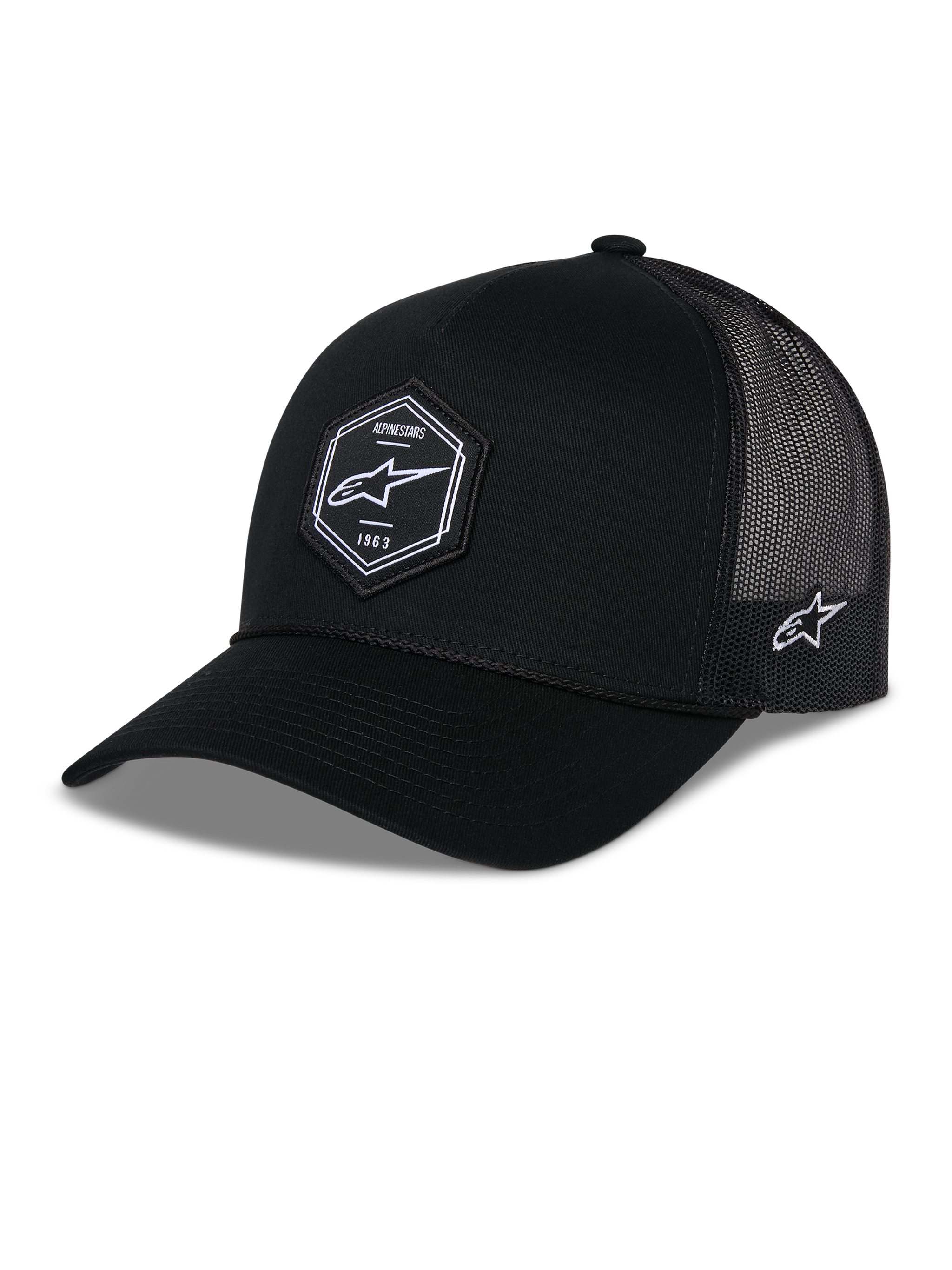 Alpinestars Hexeon Trucker Hat, Black, features a structured crown with a curved bill, front hexagonal woven patch with white Astars logo and 1963 text, breathable poly mesh back panels with side logo embroidery, casual motorsport-inspired headwear