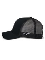 Alpinestars Hexeon Trucker Hat, side profile view of black trucker cap, curved bill, solid twill front panel with mesh back, embroidered white Astars logo on the side, casual motorsport headwear