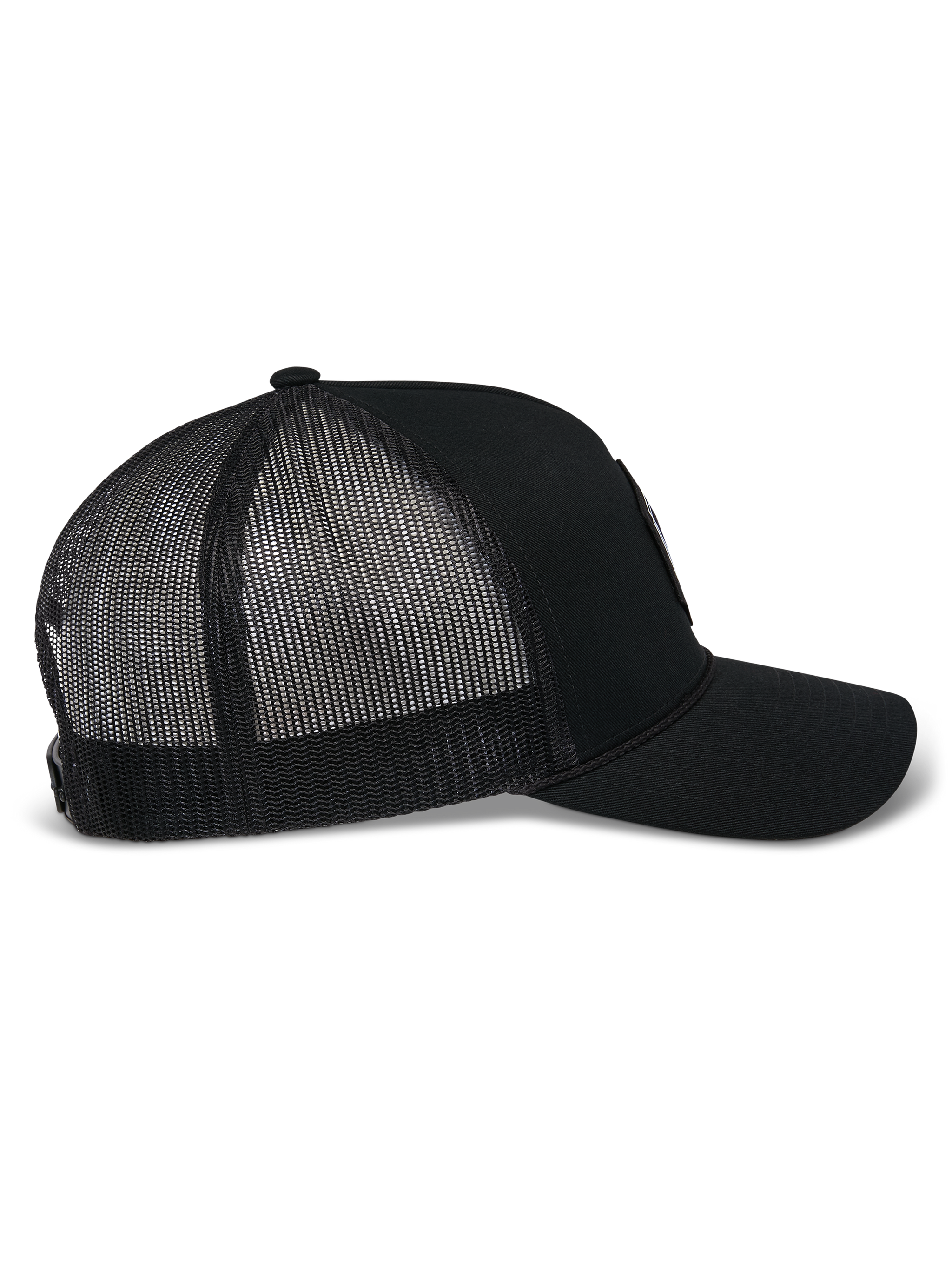 Alpinestars Hexeon Trucker Hat, side profile view, Black, featuring a structured twill front and breathable mesh back panels, curved bill, casual motorsport-inspired headwear