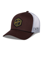 Alpinestars Hexeon Trucker Hat, Brown and White, curved bill with structured dark brown front and white mesh back, featuring a black hexagon front patch with yellow logo, side embroidered logo, and classic trucker styling.