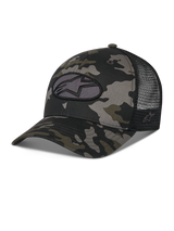 Alpinestars Oblique Camo Trucker Hat, black camouflage pattern with black mesh back, featuring a front Astars logo oval embroidery patch, curved bill and structured crown, casual motorsport-inspired headwear