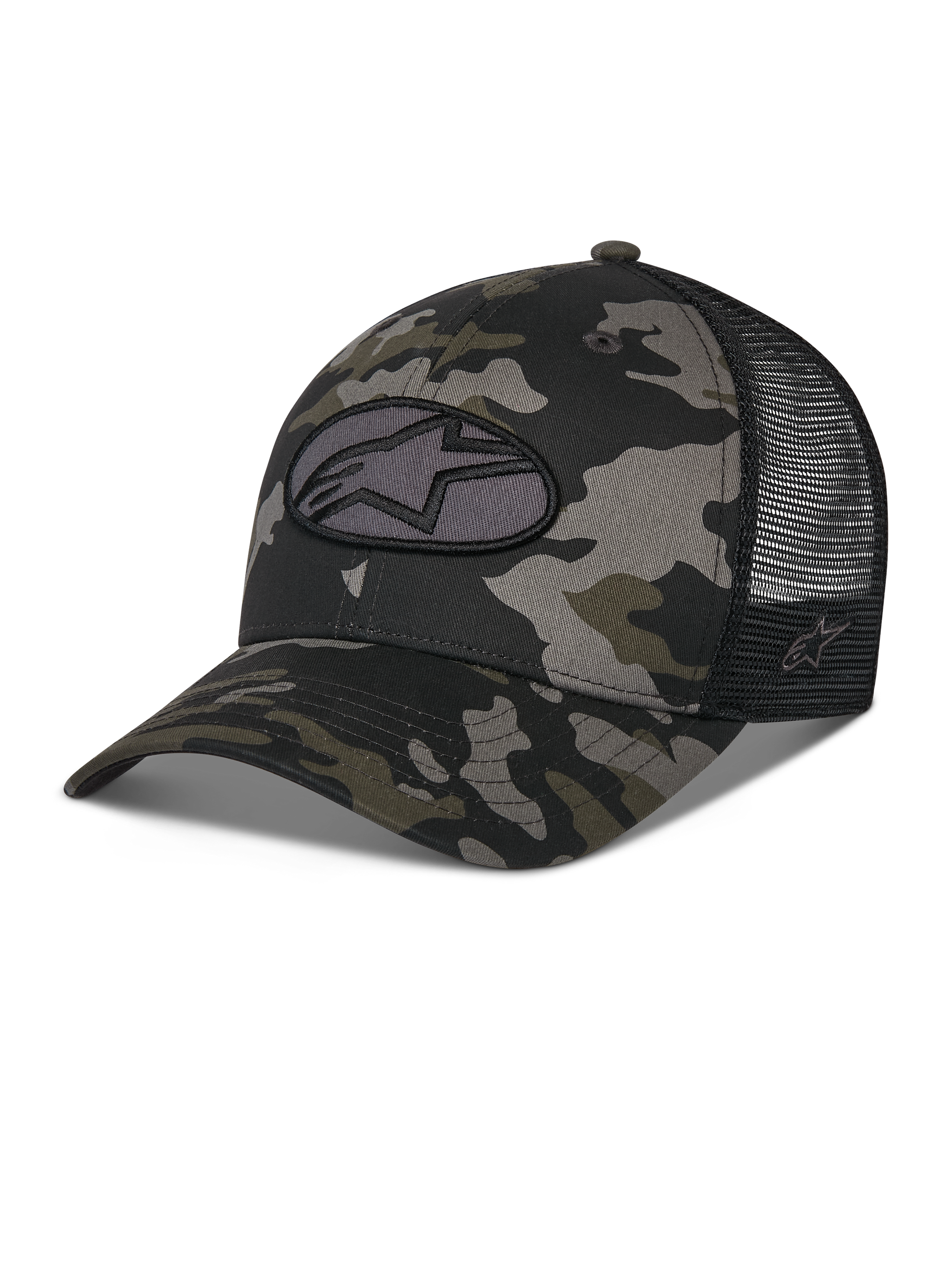 Alpinestars Oblique Camo Trucker Hat, black camouflage pattern with black mesh back, featuring a front Astars logo oval embroidery patch, curved bill and structured crown, casual motorsport-inspired headwear