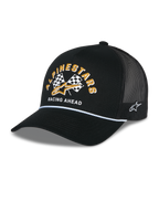 Alpinestars Finisher Trucker Hat, black trucker cap with breathable mesh back, curved bill with white rope accent, features front graphic with yellow Alpinestars lettering and checkered flags, side embroidered star logo, casual motorsport-inspired headwear