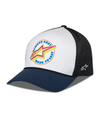 Alpinestars Aorbit Trucker Hat, White Navy and Black, curved navy bill with white front panel and black mesh back, front graphic with Always Fast Made to Last text and yellow Astars logo, side embroidered logo, casual motorsport-inspired headwear