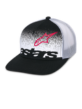 Alpinestars Component Trucker Hat, Black and White, flat bill with structured crown, breathable white mesh back, front panel featuring a red Astars logo outline and black wordmark with MX gradation design, casual motorsport headwear