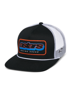 Alpinestars Phosphor Trucker Hat, Black and White, flat bill with structured crown and white rope detail, front Astars multi-color patch with orange border and "RACING AHEAD" text, breathable white mesh back with side logo embroidery
