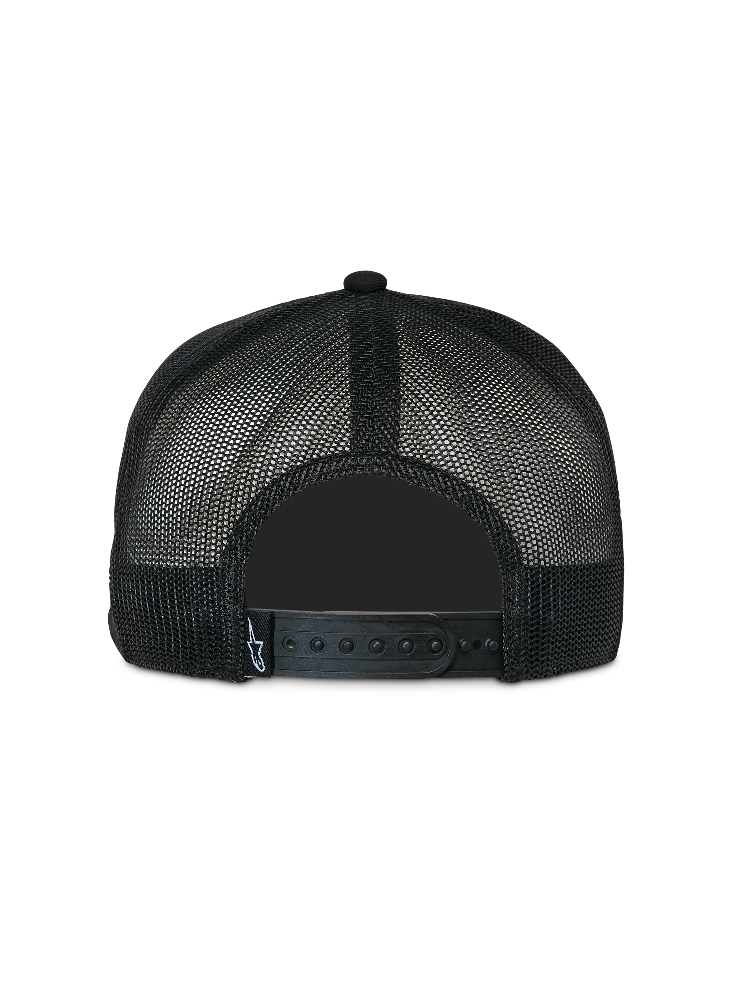 Alpinestars Contender Trucker Hat, Black, back view featuring poly mesh fabric and adjustable snapback closure, small white Astars logo tag, casual motorsport-inspired headwear