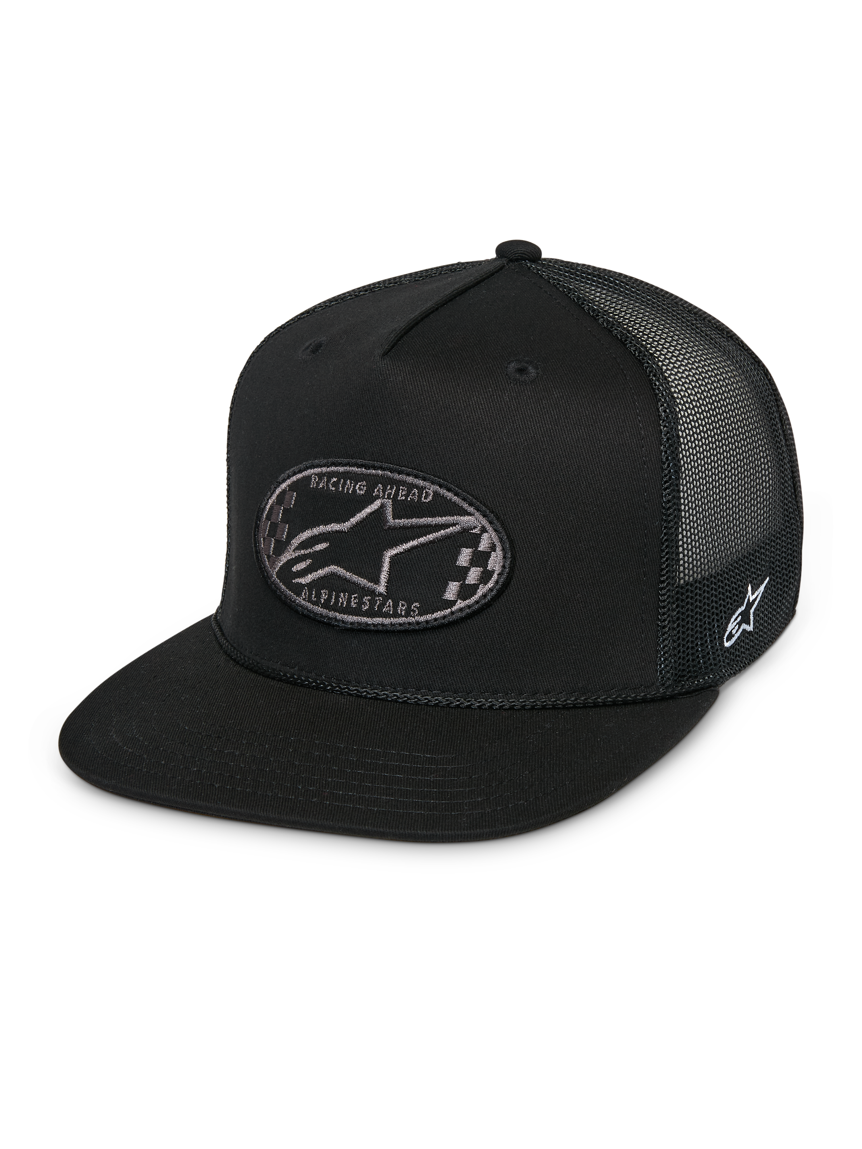 Alpinestars Contender Trucker Hat, Black snapback cap, flat bill, front oval patch with checkered Astars logo and Racing Ahead text, black mesh back, side logo embroidery, casual motorsport streetwear