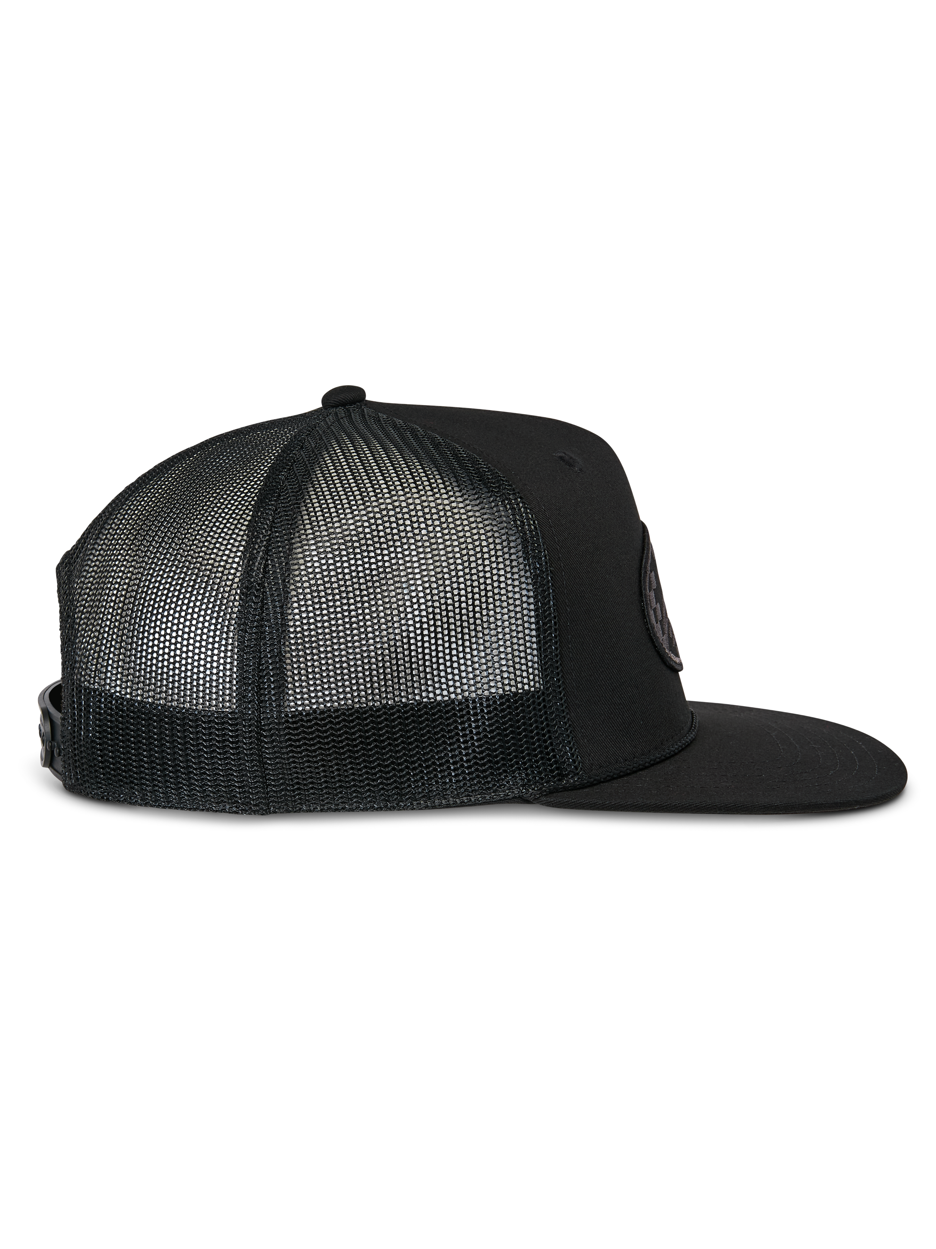 Alpinestars Contender Trucker Hat, Black Trucker Cap, Side Profile View, featuring a flat bill and breathable mesh back panels, snapback closure, casual motorsport style