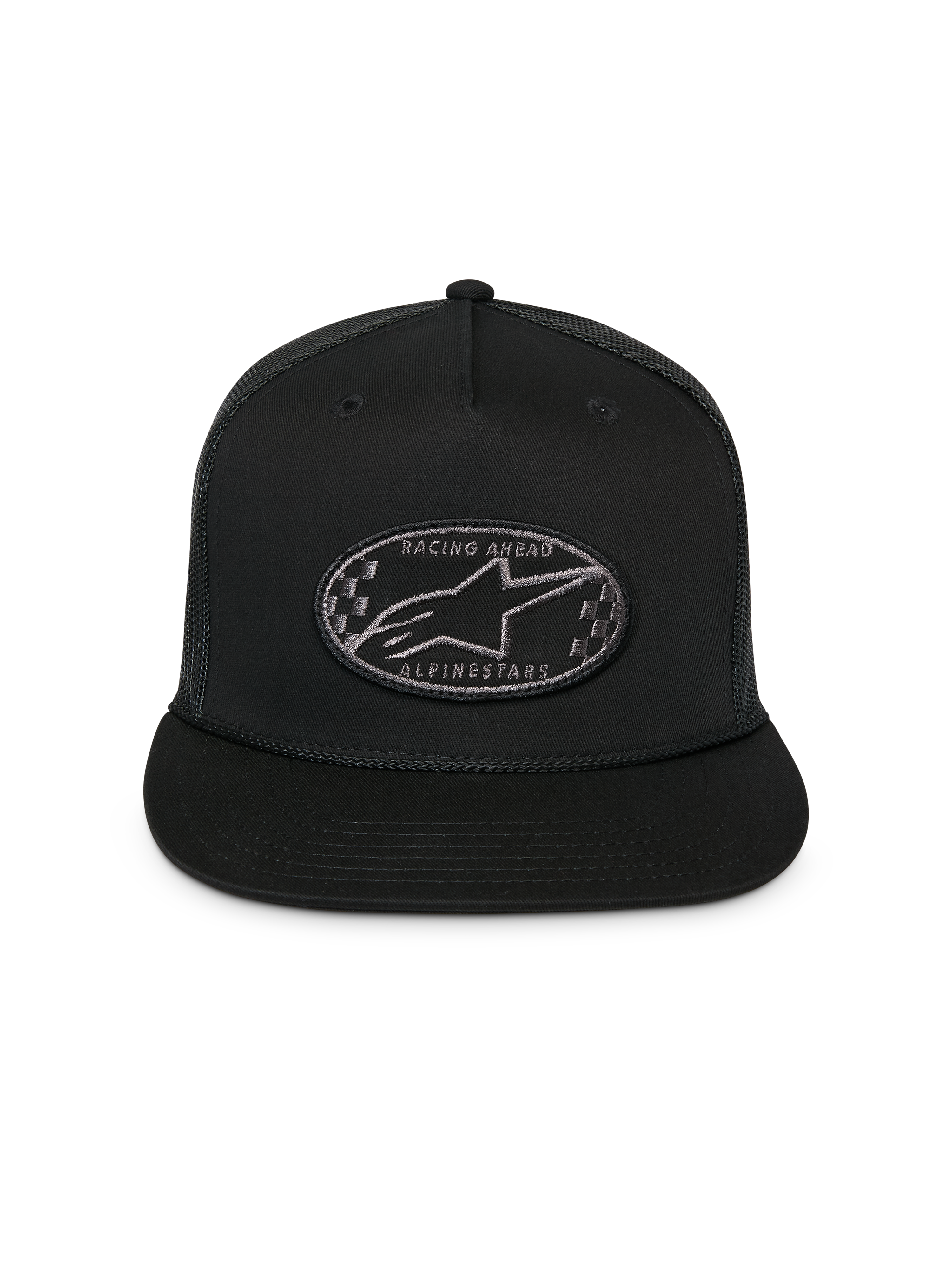 Alpinestars Contender Trucker Hat, Black, Structured Snapback Cap with Flat Bill, Front Oval Astars Logo Checkers Embroidery Patch, Mesh Back, Casual Sportswear Headwear