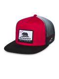 Alpinestars Cali Gradient Trucker Hat, Red Black and White, structured red crown with black flat bill, grey gradient mesh back, featuring a Cali Bear woven patch and side logo embroidery, casual motorsport headwear