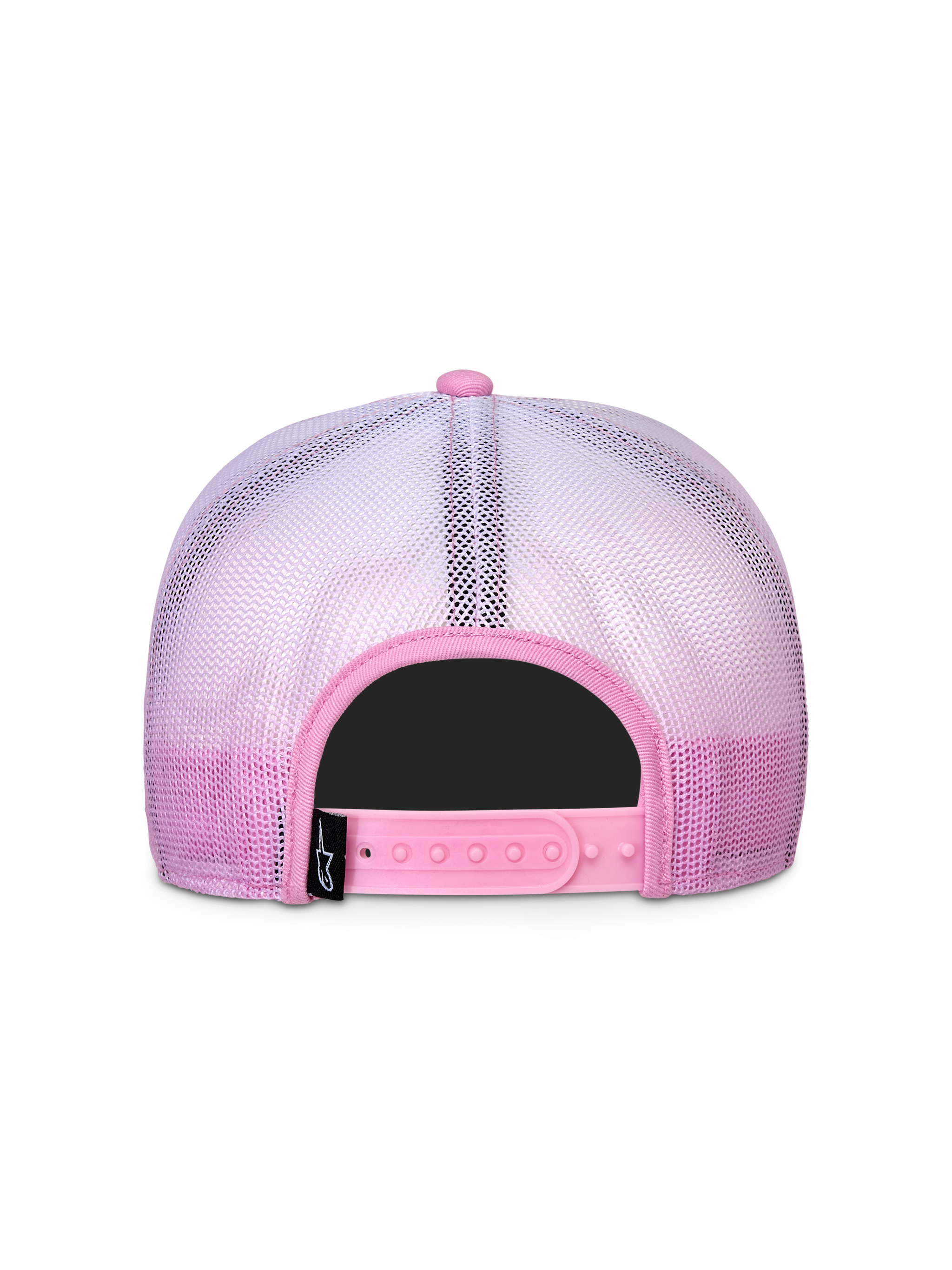 Alpinestars Cali Gradient Trucker Hat, Pink and White, back view, featuring a pink snapback closure and gradient poly mesh fabric, casual motorsport-inspired headwear
