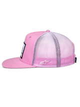 Alpinestars Cali Gradient Trucker Hat, Side View, Pink and White, flat bill with structured crown, pink twill front with gradient mesh back, features side Astars logo embroidery, casual motorsport-inspired headwear