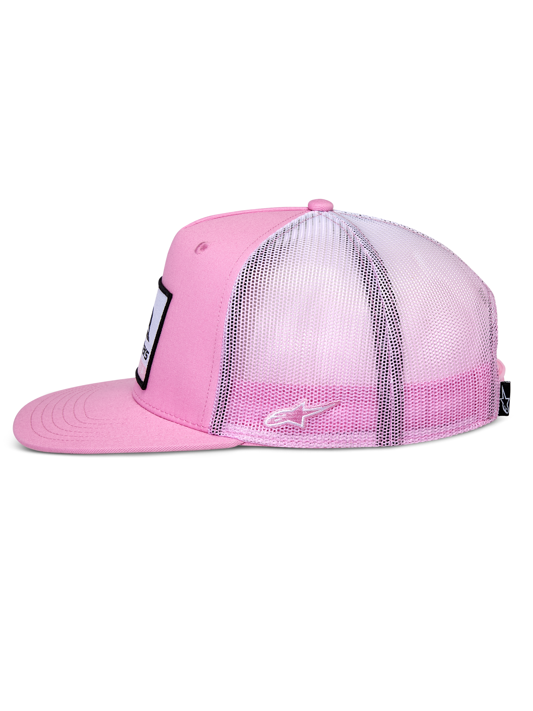 Alpinestars Cali Gradient Trucker Hat, Side View, Pink and White, flat bill with structured crown, pink twill front with gradient mesh back, features side Astars logo embroidery, casual motorsport-inspired headwear