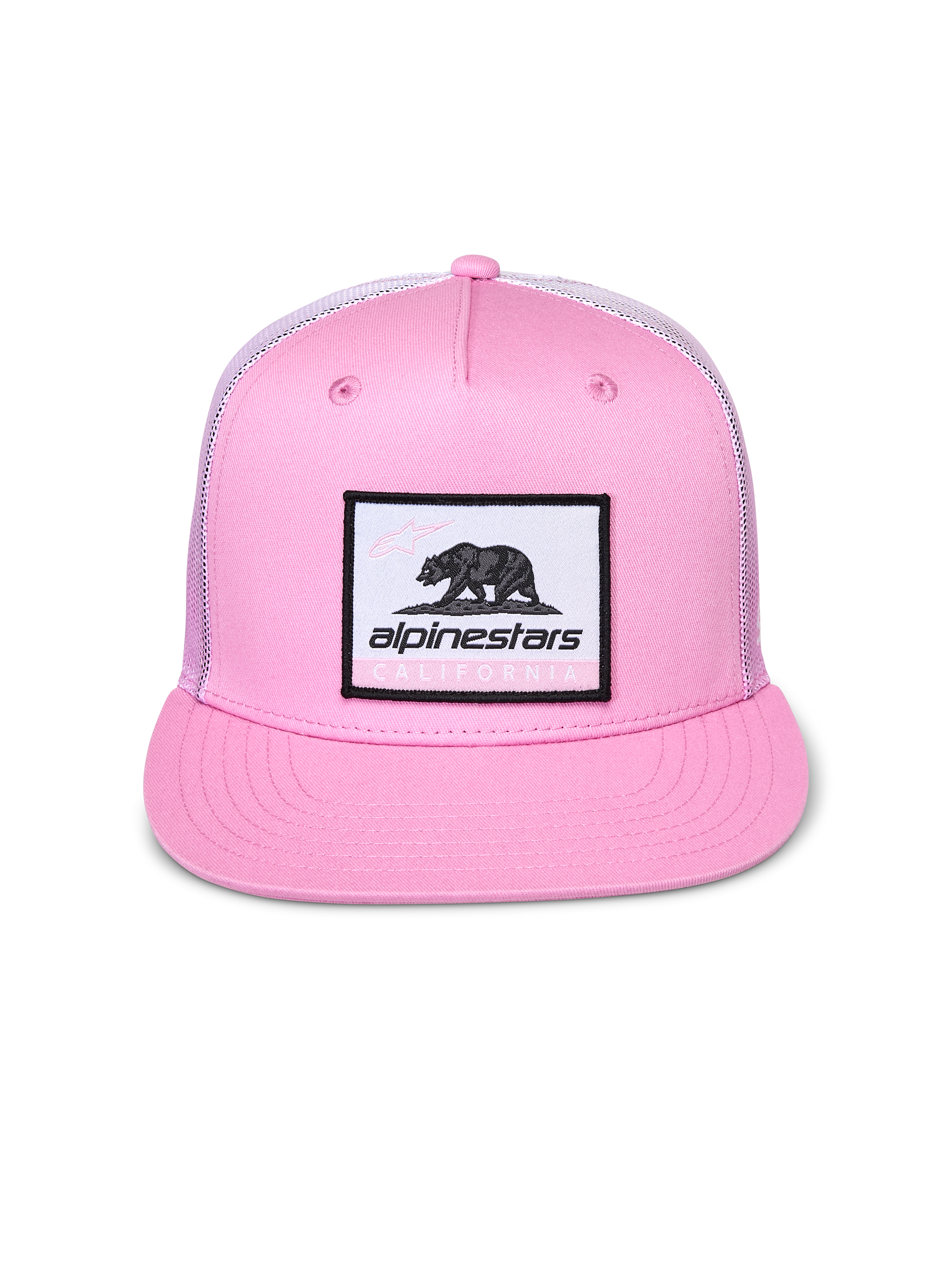 Alpinestars Cali Gradient Trucker Hat, Pink and White, flat bill trucker cap, front white woven label patch with black California bear and Alpinestars branding, pink twill front with mesh gradient back, casual sportswear