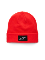 Alpinestars Augment Cuff Beanie, Bright Red cuffed knit beanie, featuring a black woven patch with a white Astars logo, casual sportswear