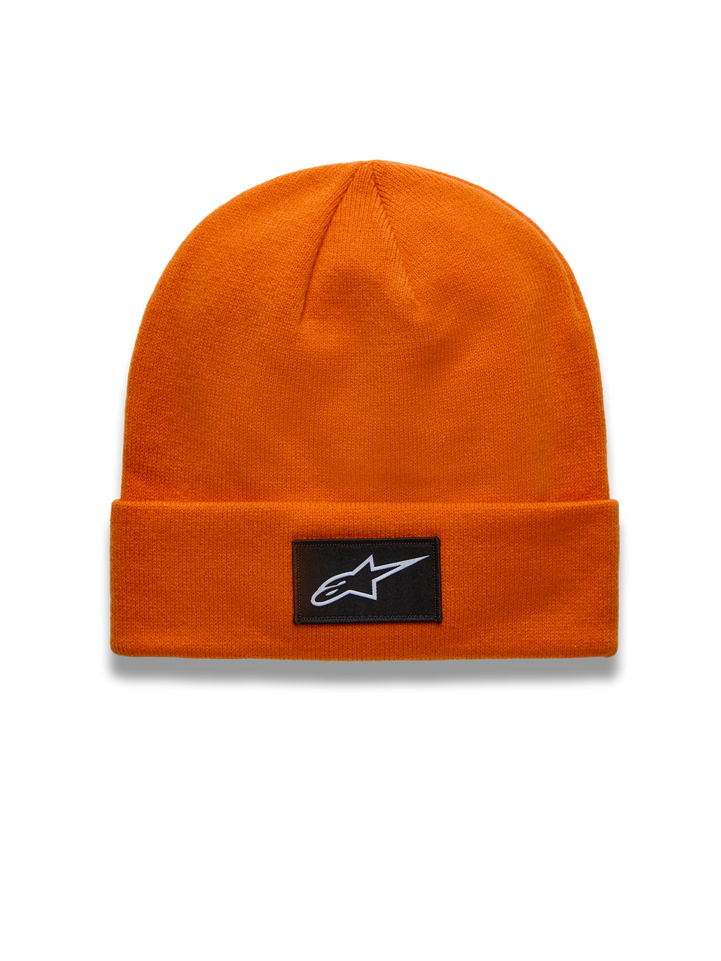 Alpinestars Augment Cuff Beanie, orange knit sportswear winter hat with a black woven Astars logo patch.