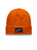 Alpinestars Augment Cuff Beanie, orange knit sportswear winter hat with a black woven Astars logo patch.