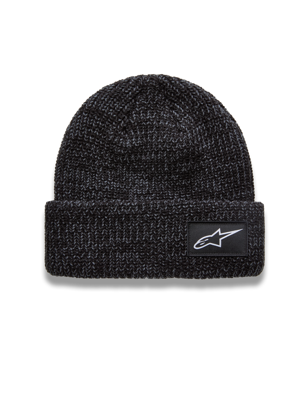 Alpinestars Unload Rib Cuff Beanie, charcoal melange gray knit sportswear hat featuring a white Astar logo patch.
