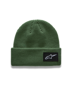 Alpinestars Unload Rib Cuff Beanie in Pea Green, casual acrylic knit winter hat with a black woven logo patch.