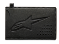 Alpinestars Ageless Credit Card Holder, Black split leather card case, debossed Astars logo, curved notch for easy card retrieval, perforated dot detail, slim motorsport-inspired accessory