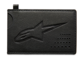 Alpinestars Ageless Credit Card Holder, Black split leather card case, debossed Astars logo, curved notch for easy card retrieval, perforated dot detail, slim motorsport-inspired accessory