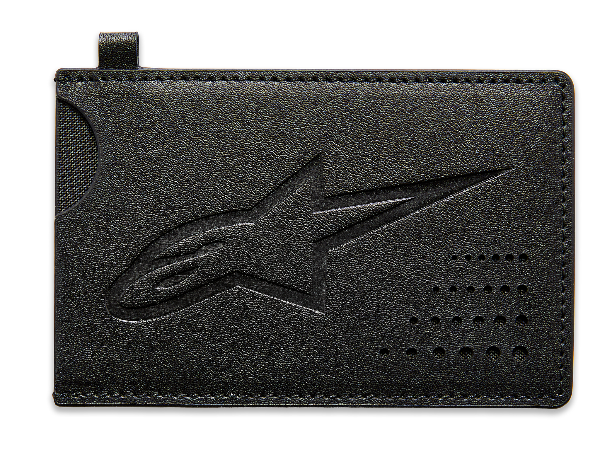 Alpinestars Ageless Credit Card Holder, Black split leather card case, debossed Astars logo, curved notch for easy card retrieval, perforated dot detail, slim motorsport-inspired accessory