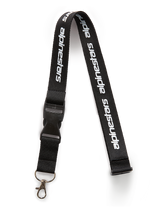 Alpinestars Linear Lanyard, Black and White, black strap with printed white Alpinestars word logo, featuring a black plastic breakaway buckle and a metal swivel hook, casual sportswear accessory