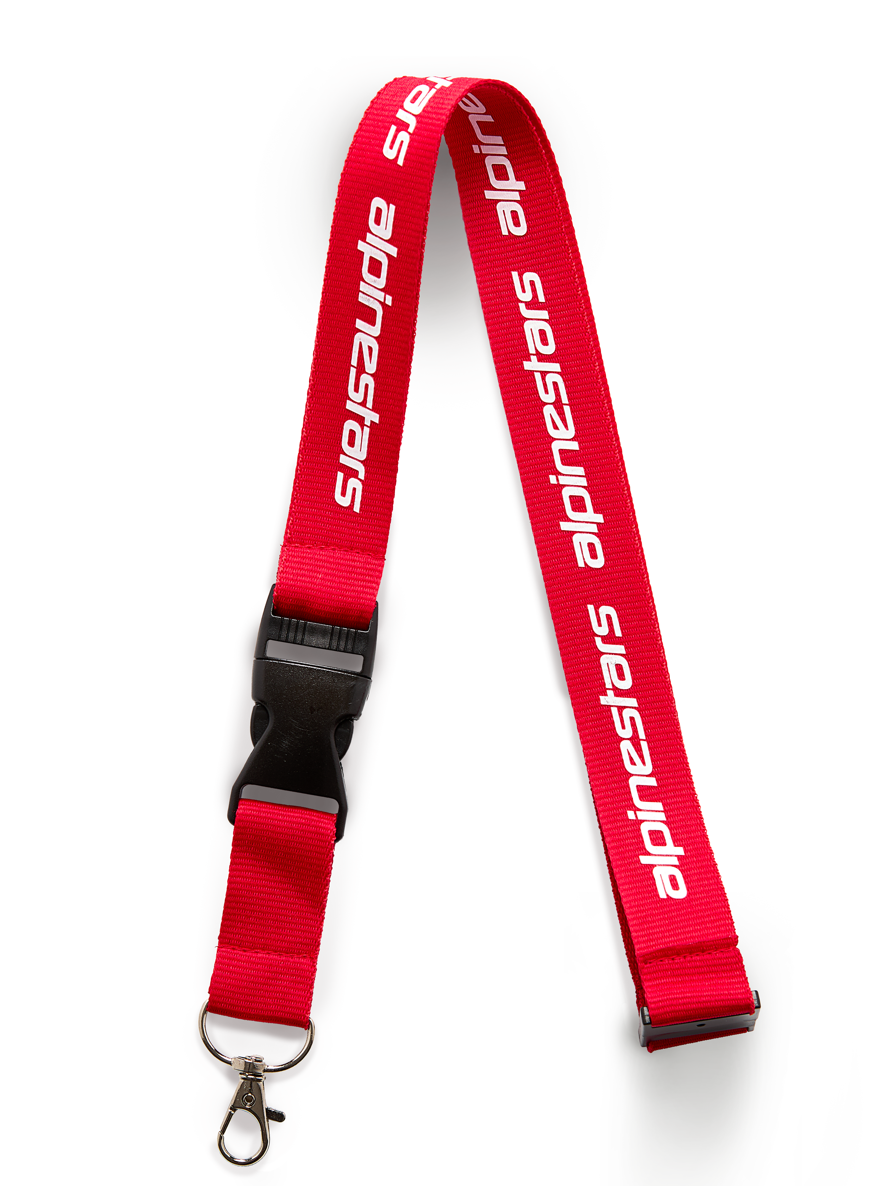 Alpinestars Linear Lanyard, Red and White, features printed Alpinestars word logo, black breakaway clip and detachable metal swivel clip, motorsport-inspired accessory