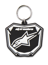 Alpinestars Plate Keyfob, 3D molded keychain, Black and White, featuring Astars MX plate graphic with white logo and text, silver metal snap ring, motorsport-inspired accessory