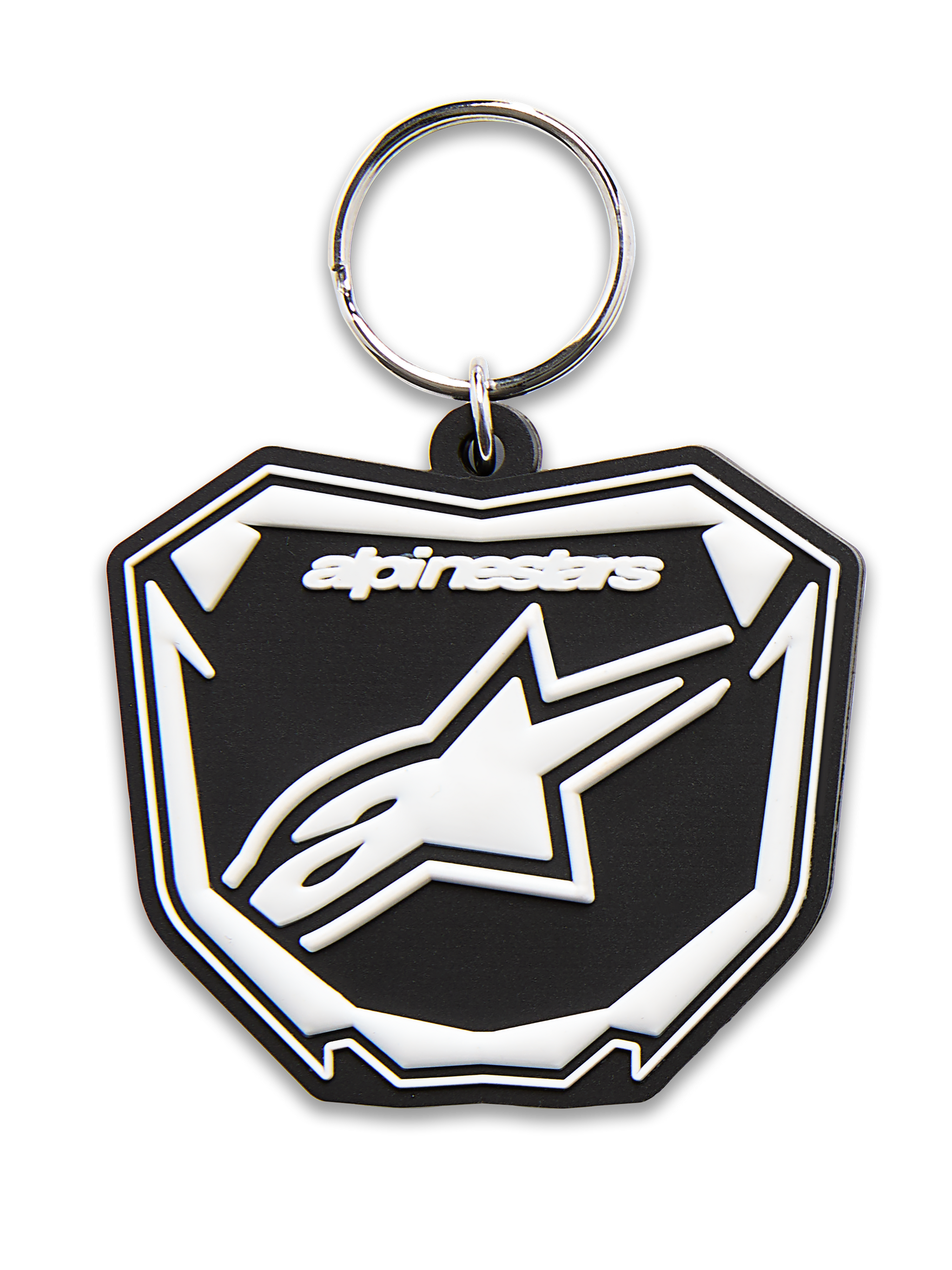 Alpinestars Plate Keyfob, 3D molded keychain, Black and White, featuring Astars MX plate graphic with white logo and text, silver metal snap ring, motorsport-inspired accessory