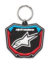 Alpinestars Plate Keyfob, 3D molded keychain, Black Blue and Red, shield-shaped motocross plate design with white star logo and metal ring, casual motorsport accessory
