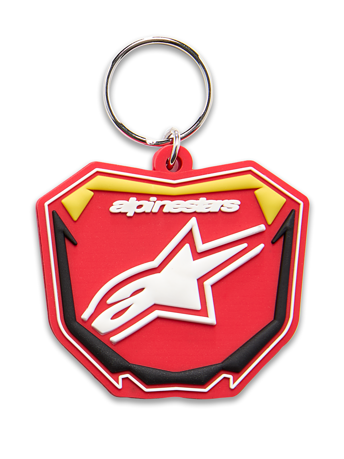 Alpinestars Plate Keyfob, 3D molded keychain, Red Yellow and Black, white Alpinestars logo and Astars star symbol, silver metal snap ring, motorsport-inspired MX plate design