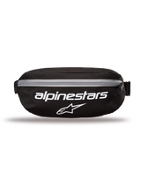 Alpinestars Only Linear Hip Bag, Hip Bag, Black with White logos and grey zipper, front view featuring Alpinestars wordmark and star logo, durable polyester construction, compact waist pack for everyday use