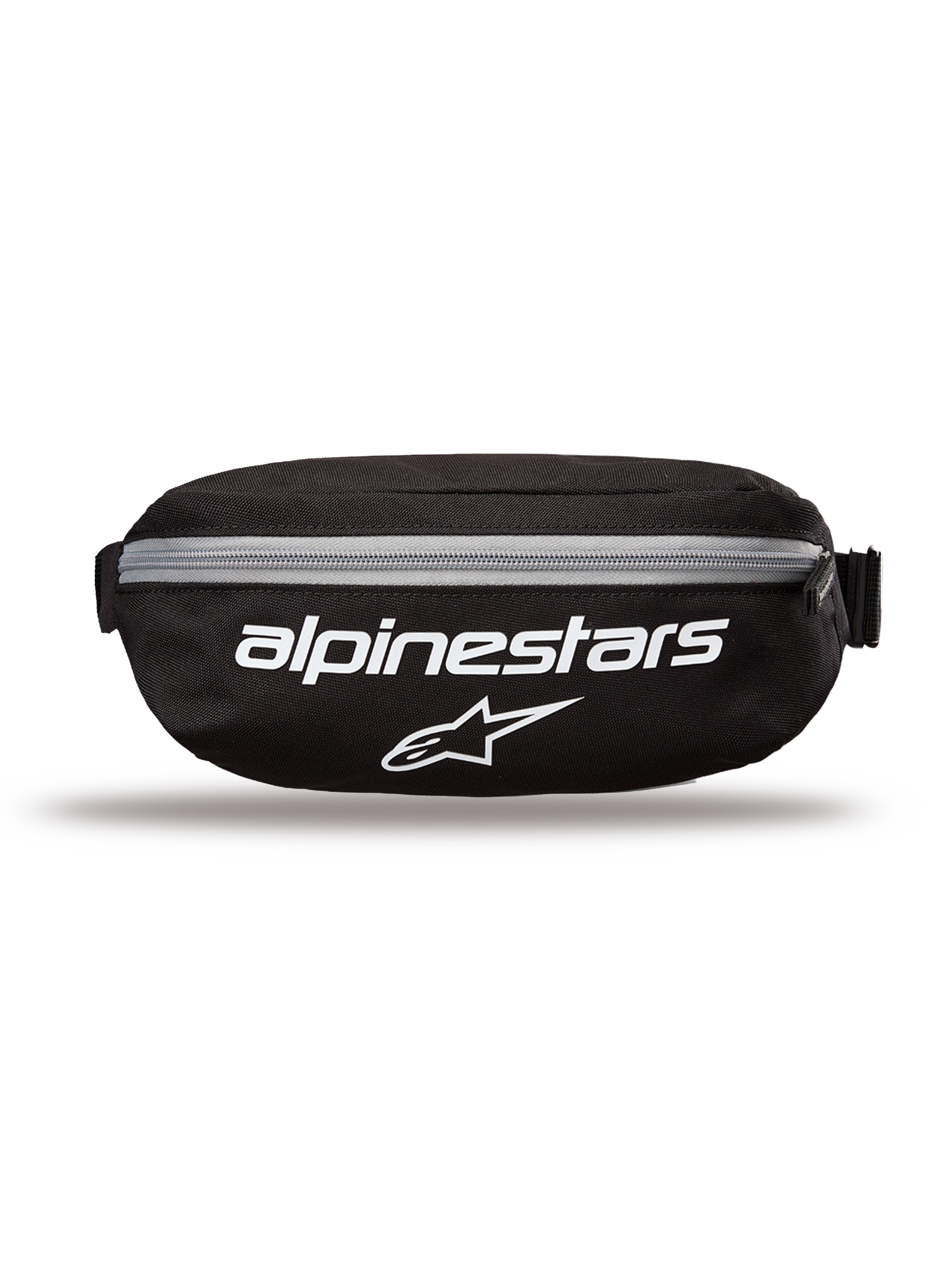 Alpinestars Only Linear Hip Bag, Hip Bag, Black with White logos and grey zipper, front view featuring Alpinestars wordmark and star logo, durable polyester construction, compact waist pack for everyday use
