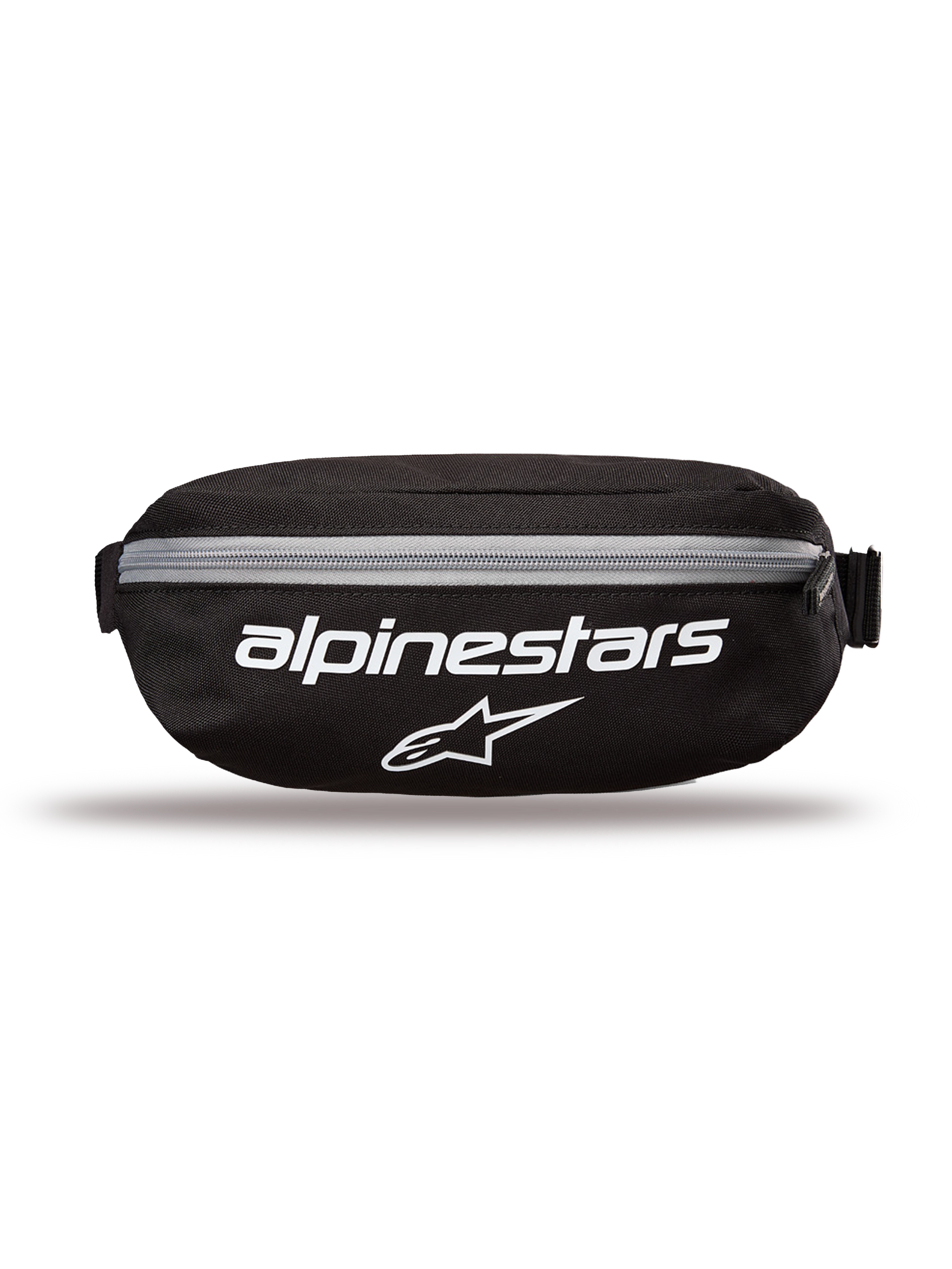 Alpinestars Only Linear Hip Bag, Hip Bag, Black with White logos and grey zipper, front view featuring Alpinestars wordmark and star logo, durable polyester construction, compact waist pack for everyday use