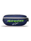 Alpinestars Only Linear Hip Bag, Navy Green waist pack, dark blue with bright green Alpinestars text and white star logo, horizontal gray zipper, durable polyester construction, compact accessory for everyday use.