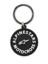 Alpinestars MX Keyfob, circular 3D molded keychain, black with white Alpinestars Motocross graphics and star logo, silver metal snap ring, durable accessory for daily use