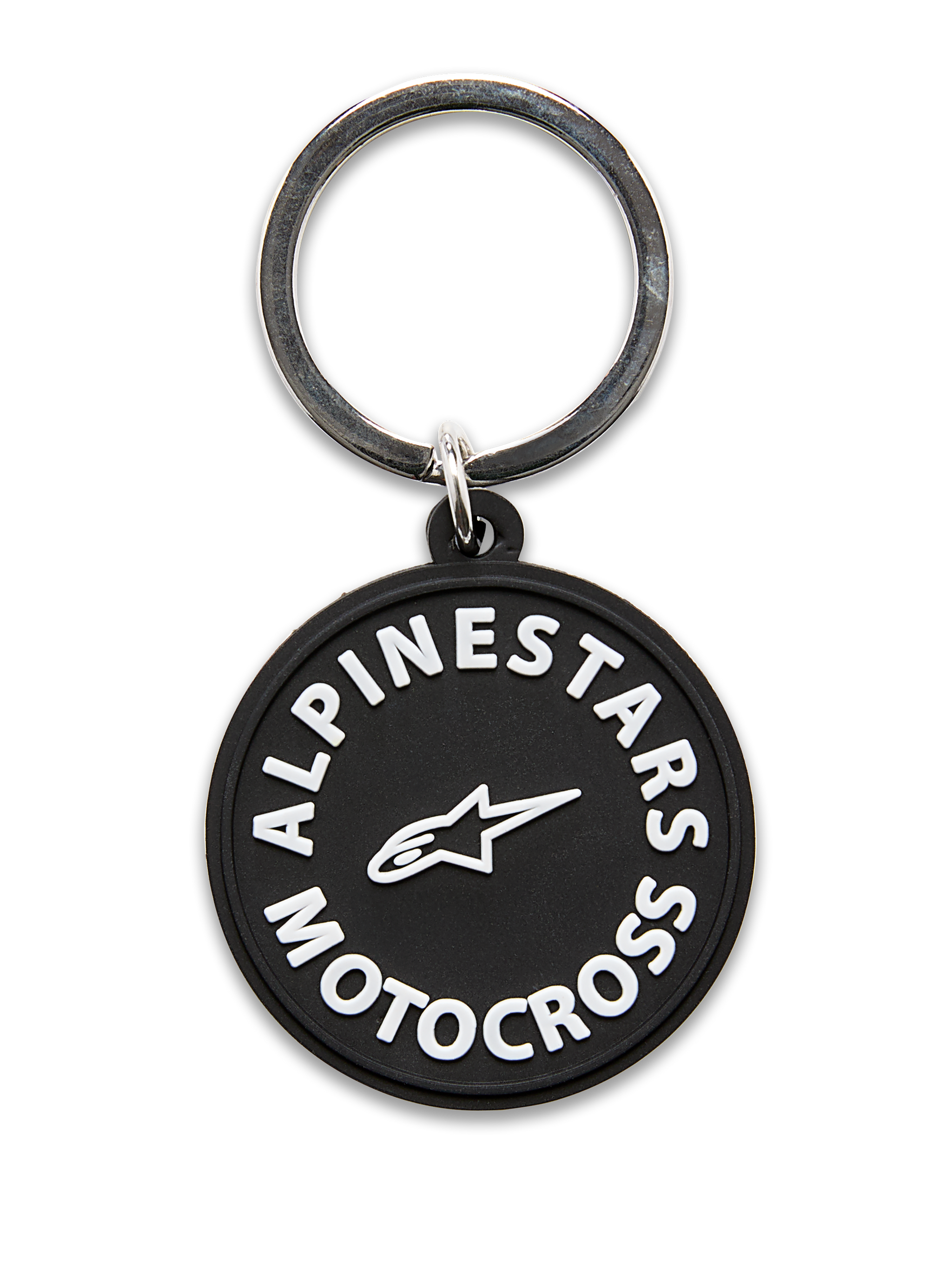 Alpinestars MX Keyfob, circular 3D molded keychain, black with white Alpinestars Motocross graphics and star logo, silver metal snap ring, durable accessory for daily use