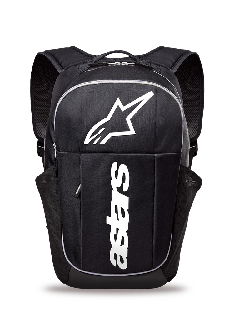 Alpinestars GFX Boss Backpack, mid-size daily backpack, Black and White, featuring a large white Astars logo and vertical branding, side mesh water bottle pockets, padded air mesh shoulder straps, durable construction for casual use