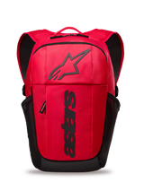 Alpinestars GFX Boss Backpack, red and black daily backpack, 20L capacity, featuring raised black silicone Astars logo and vertical branding, mesh side pockets, padded air mesh straps, durable 600D polyester construction