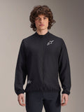 Alpinestars A-Aria Windbreaker Jacket, Black, Lightweight Cycling Jacket, featuring white Astars logo on chest and branding on lower right, full-zip front, mock neck, elastic cuffs and hem, performance fit for outdoor sports