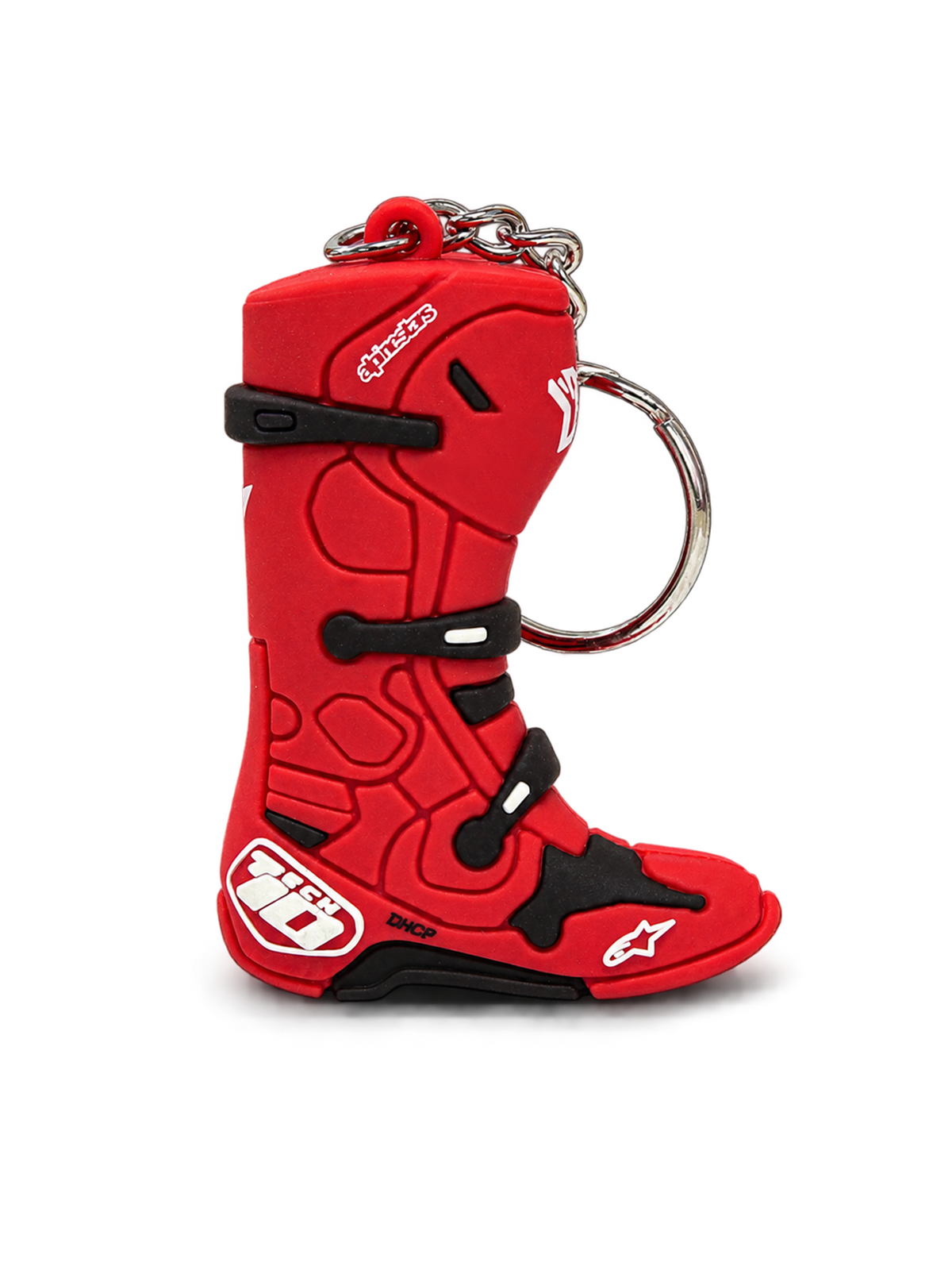 Alpinestars Tech 10 Boot Keyfob, motocross keychain, red and black, 3D miniature replica with metal snap ring