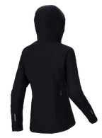 Alpinestars Stella A-Dura Elite Waterproof Jacket, Women's MTB Rain Jacket, Black, back view featuring the over-the-helmet hood, reflective accents on sleeves and lower back, durable ripstop textile for all-weather trail riding