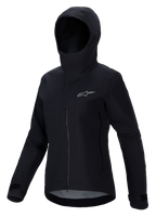 Alpinestars Stella A-Dura Elite Waterproof Jacket, Women's Mountain Bike Jacket, Black, featuring a hooded design with a protective storm flap, front zipper, zippered hand pockets, and adjustable velcro cuffs, technical waterproof fabric with a silver logo on the chest